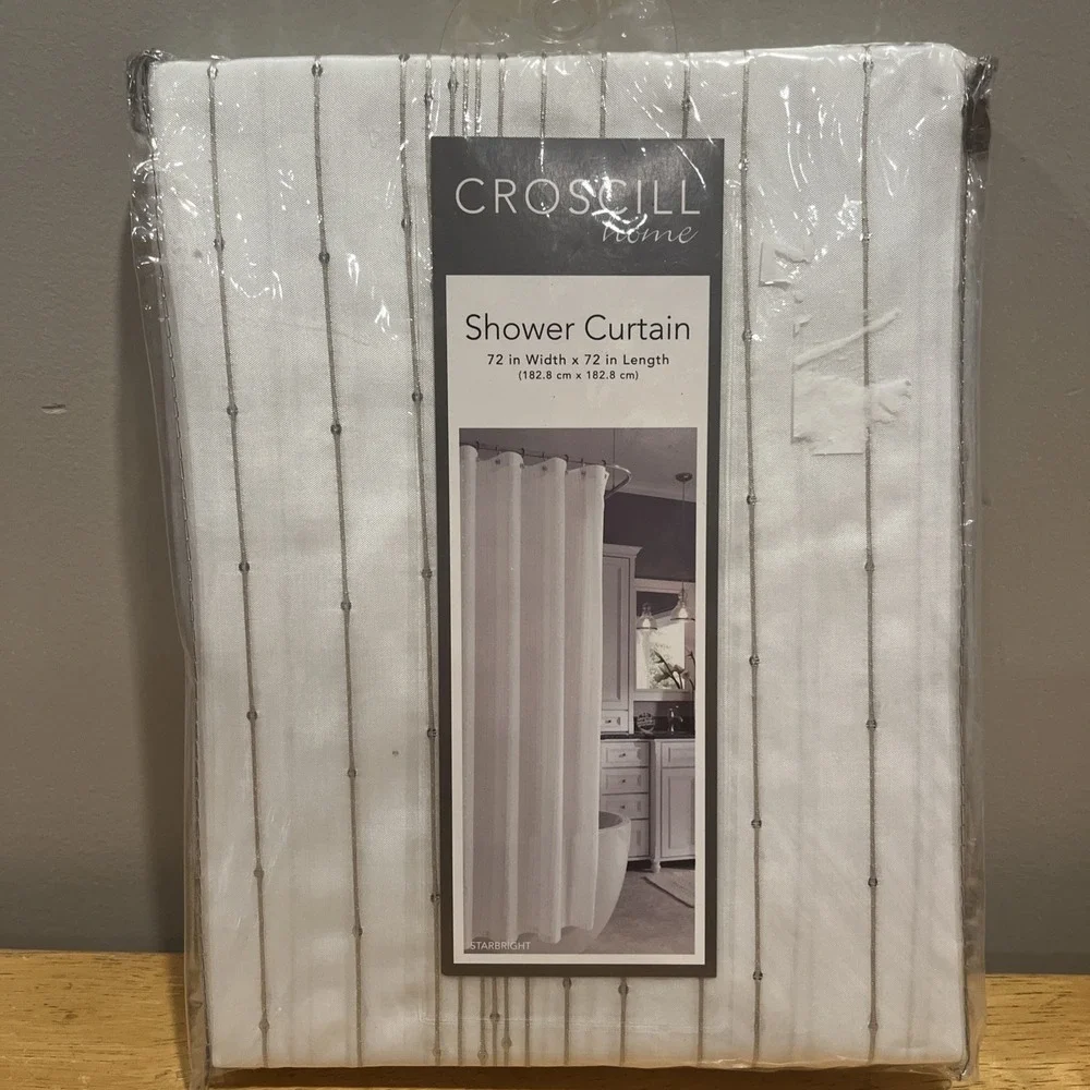 Croscill Fabric Shower Curtain Starbright Silver Shiney Stripe Embroidery 72x72